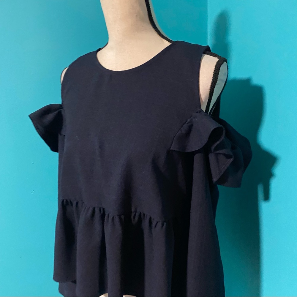 BP Navy Ruffle Cold Shoulder Blouse - Picture 2 of 5